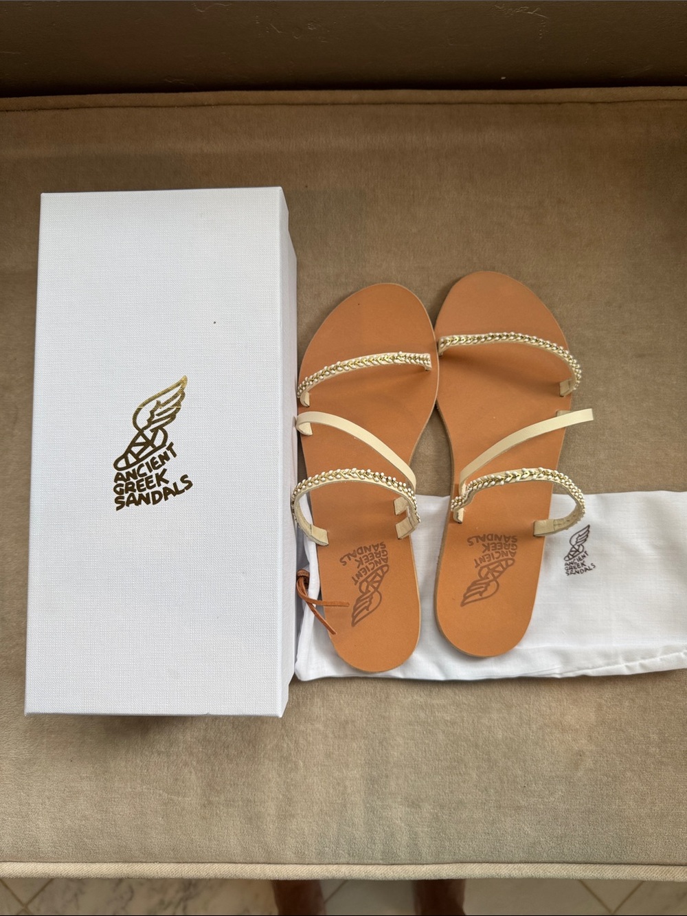 Ancient Greek Sandals white/cream Leather Flats with Gold Braided Straps.